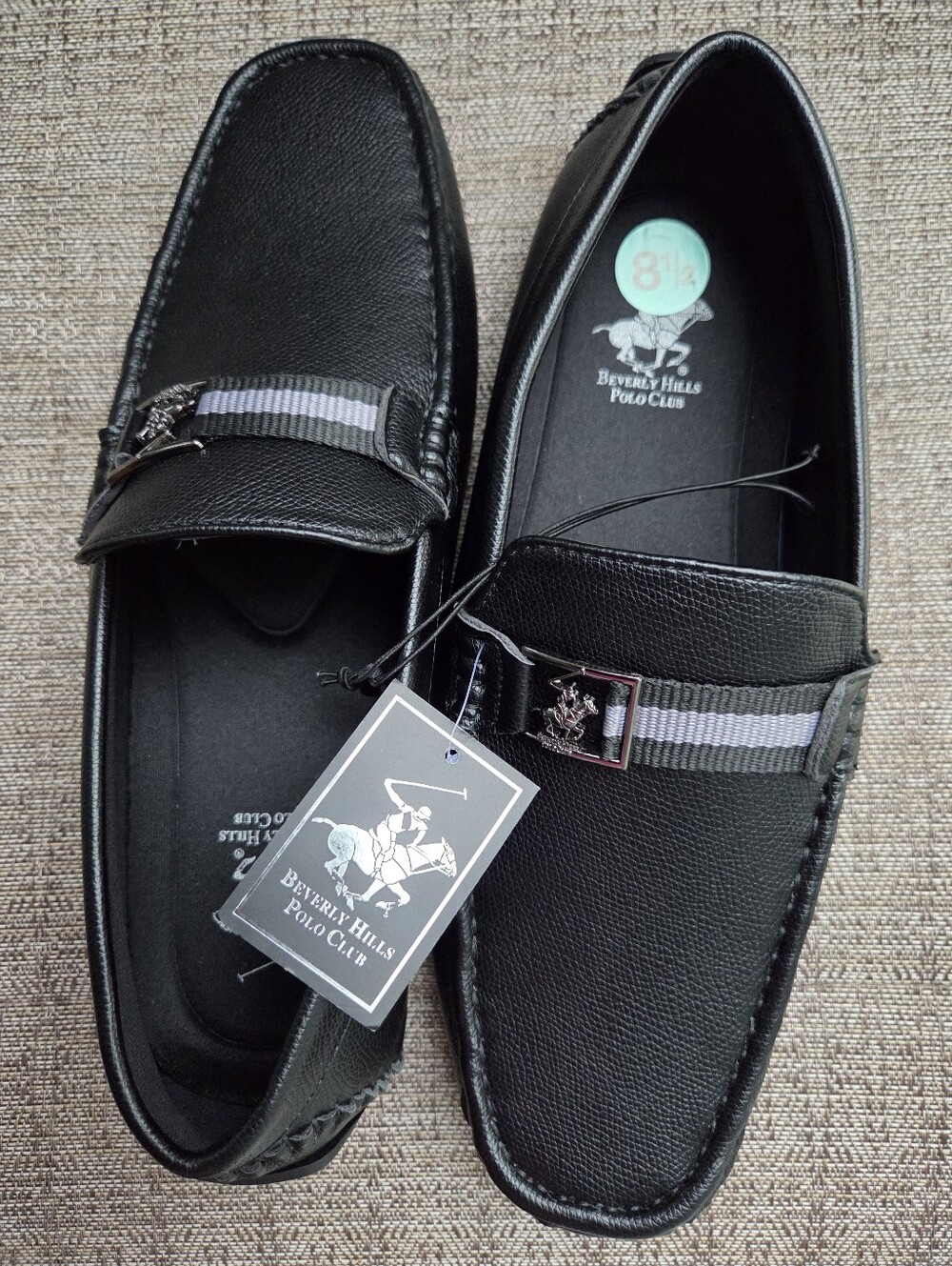 Beverly Hills Polo Club Men’s Black Loafers with Gray Stripe Accent Size 8.5